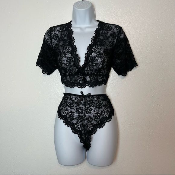 Black Stretch Lace 2 Piece Sexy Intimates Size Large - Picture 1 of 6